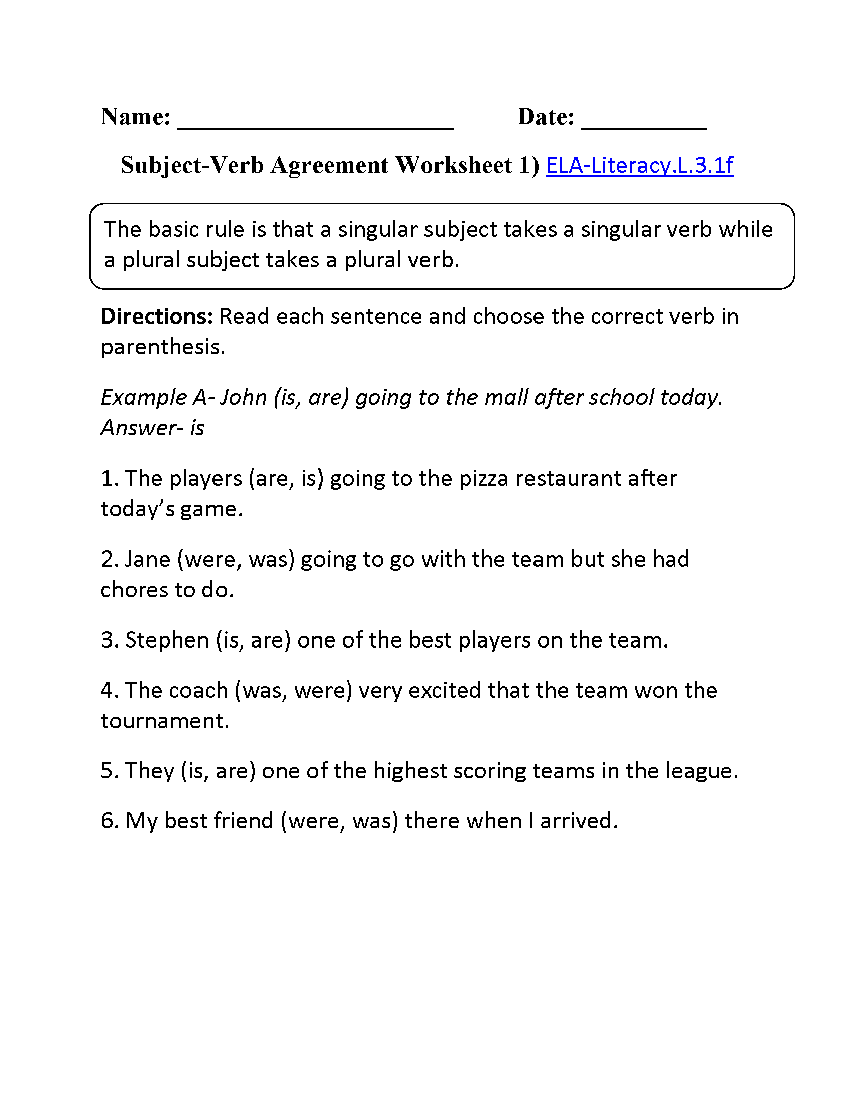 Subject-Verb Agreement Worksheet 1 ELA-Literacy.L.3.1f Language Worksheet