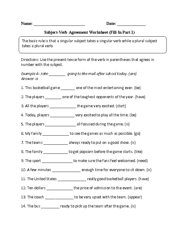 Learning Subject Verb Agreement Worksheets