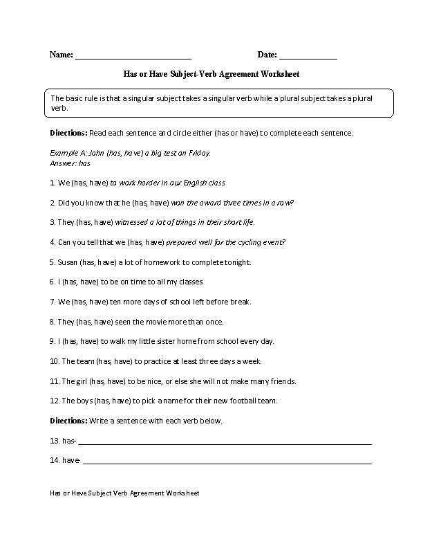Practicing has or have Subject Verb Agreement Worksheet