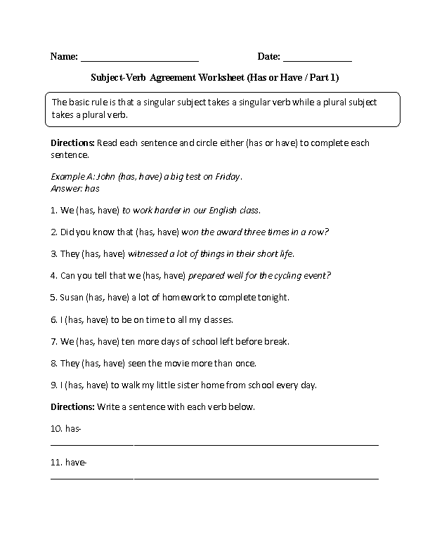 Has and Have Subject Verb Agreement Worksheet