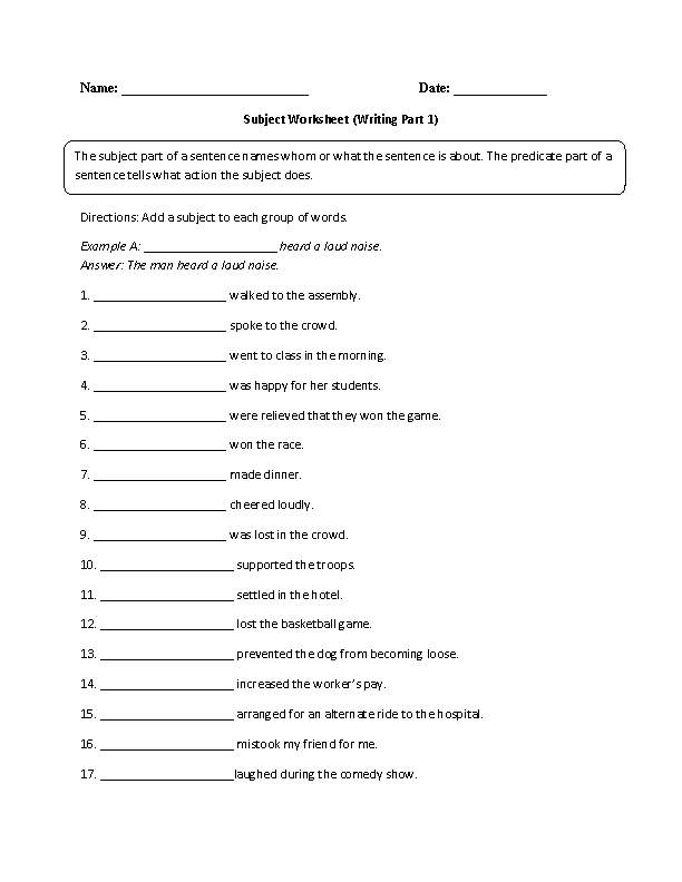 Writing a Subject Worksheet