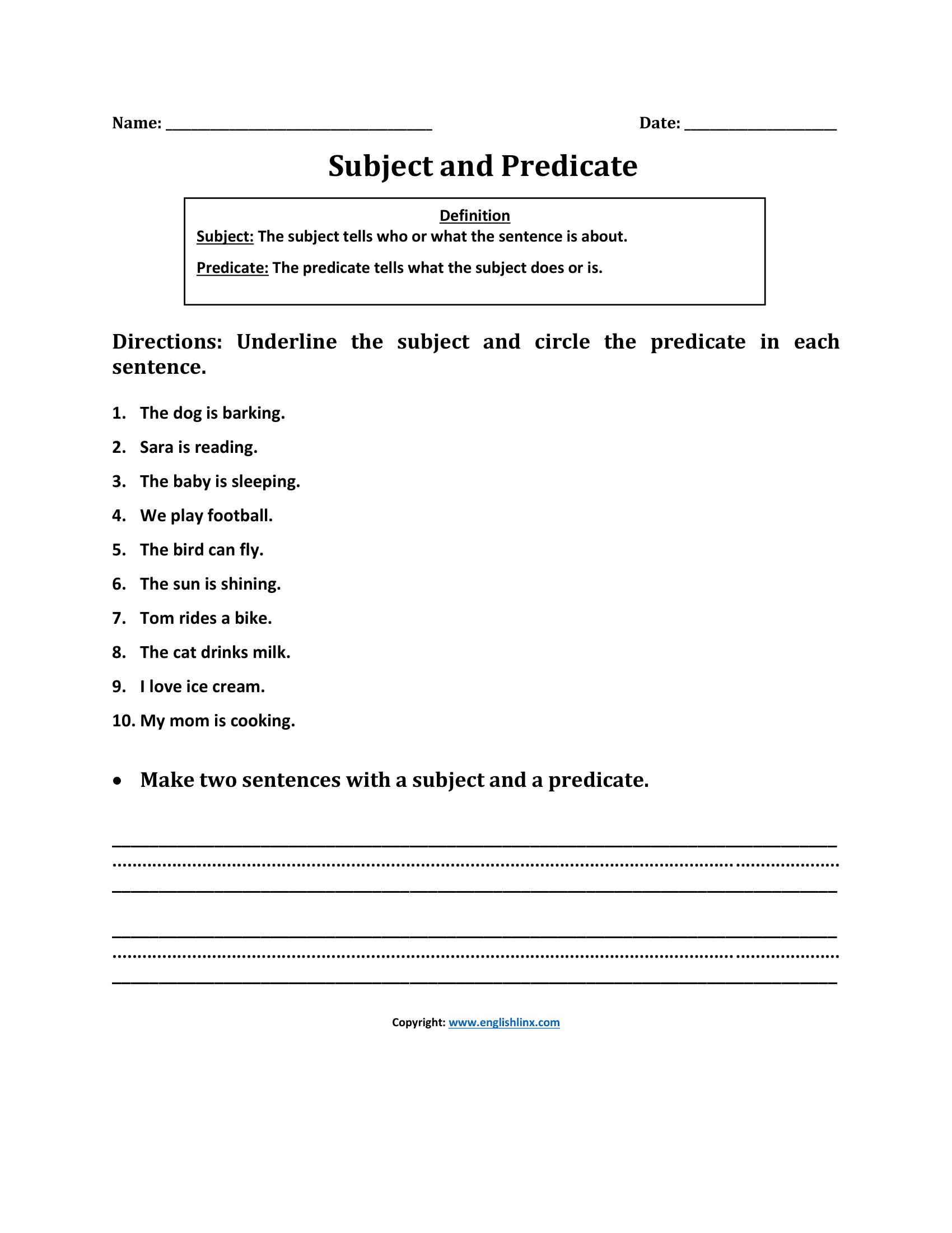 Subject and Predicate Sentence Writing Worksheets