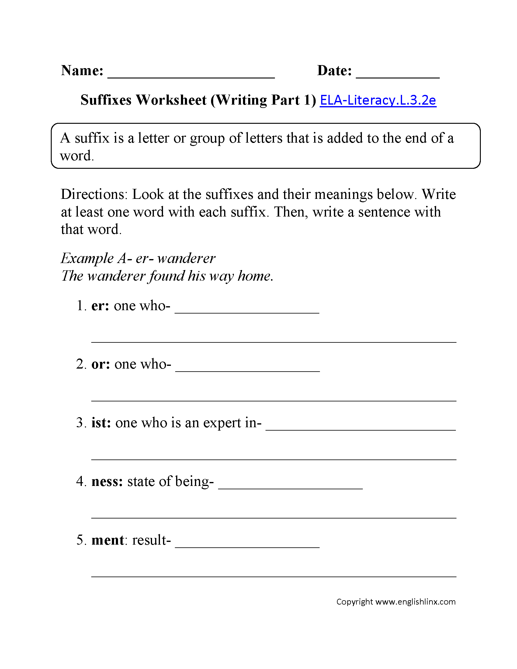 Suffixes Worksheet 1 ELA-Literacy.L.3.2e Language Worksheet