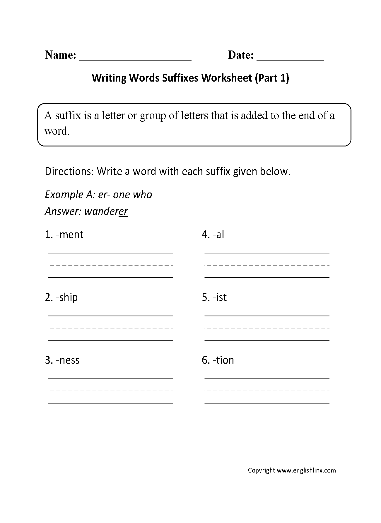 Writing Words Suffixes Worksheet Part 1