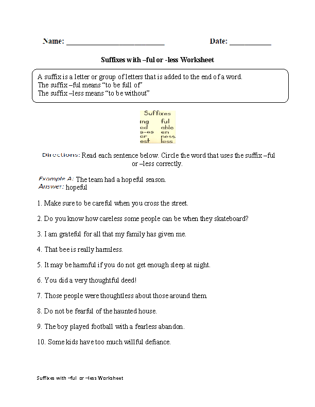 Suffixes with -ful or -less Worksheet