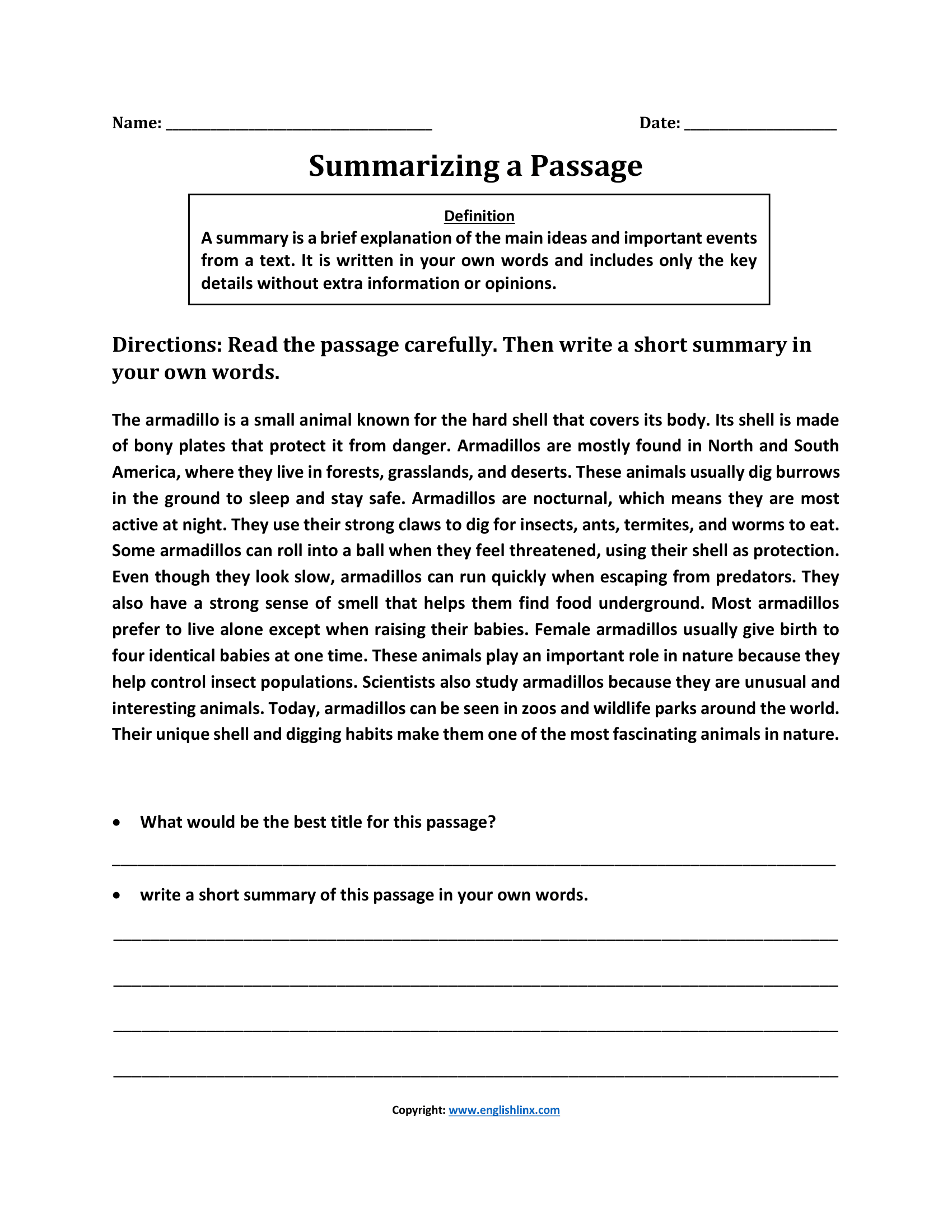 Summarizing Passage Summary Worksheets