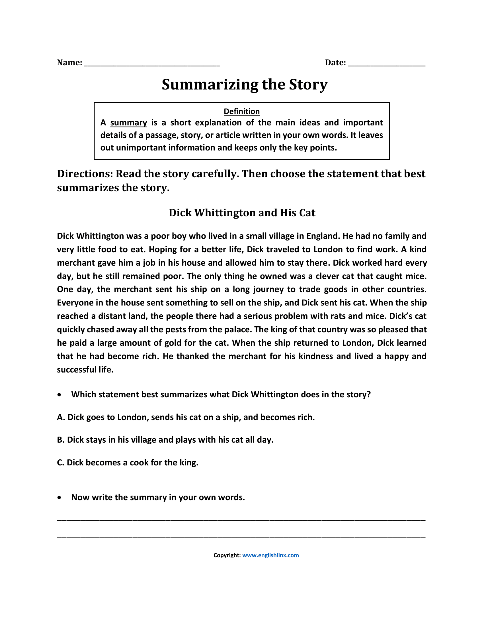 Summarizing Story Summary Worksheets