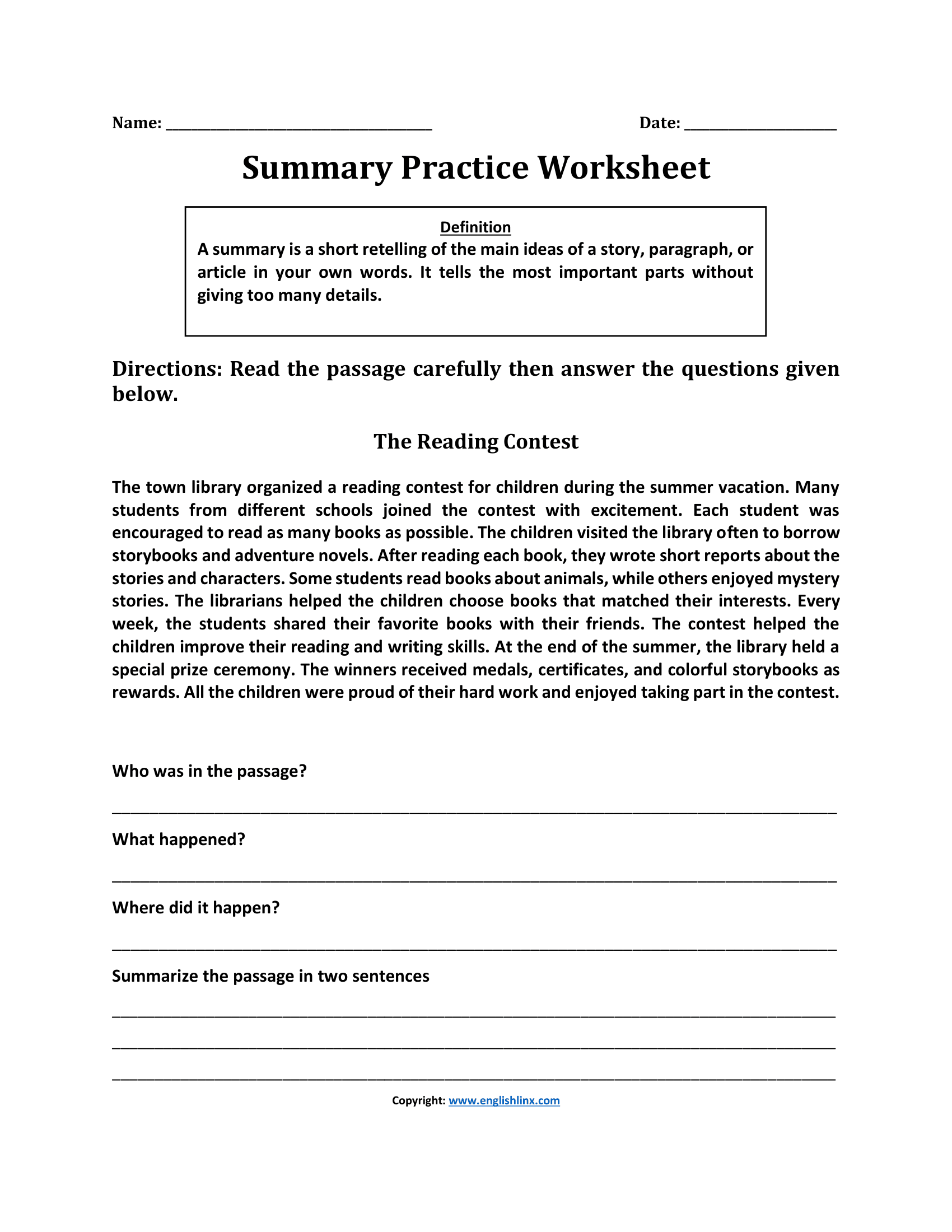Summary Practice Summary Worksheets