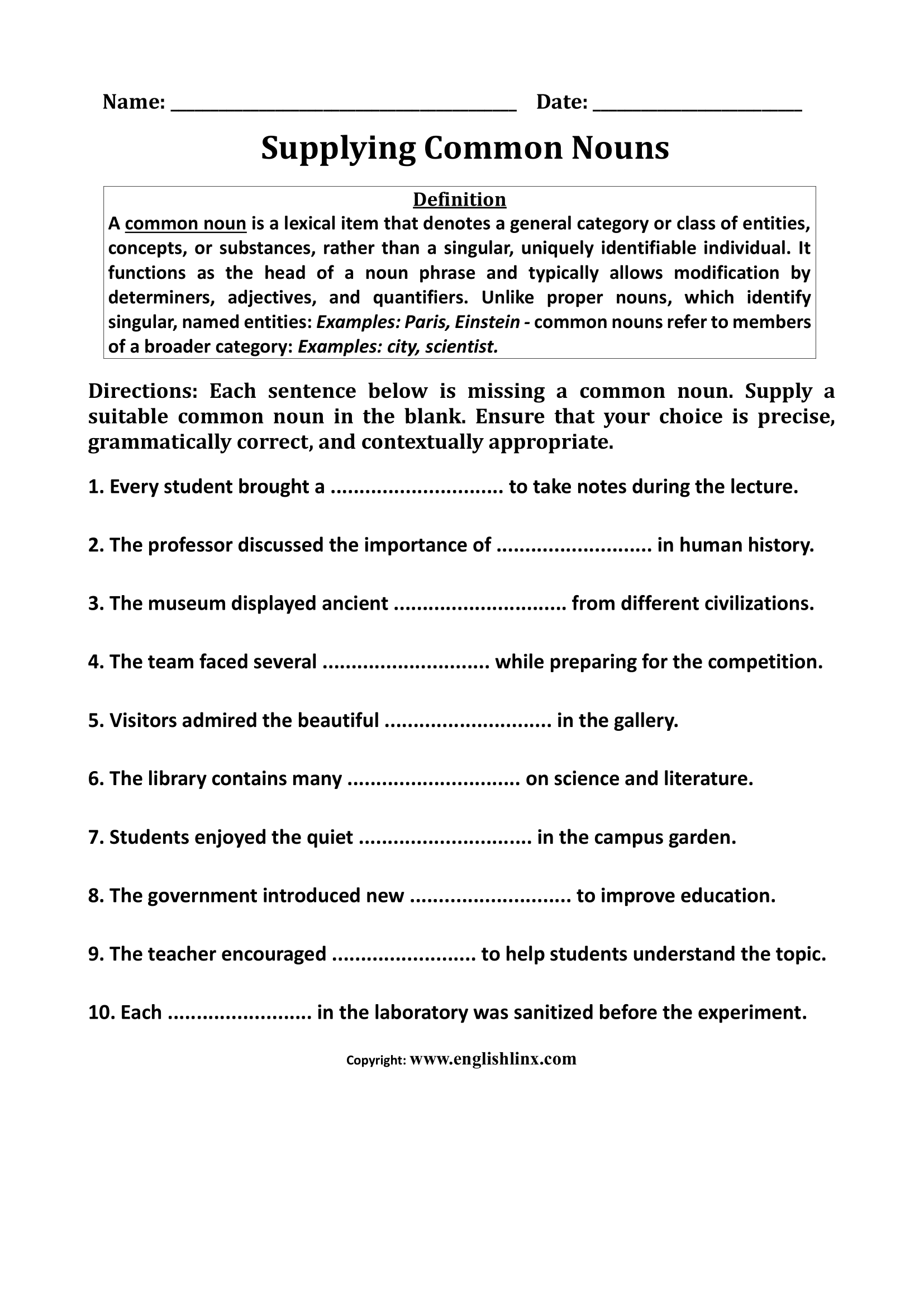 >Supplying Common Nouns Worksheets