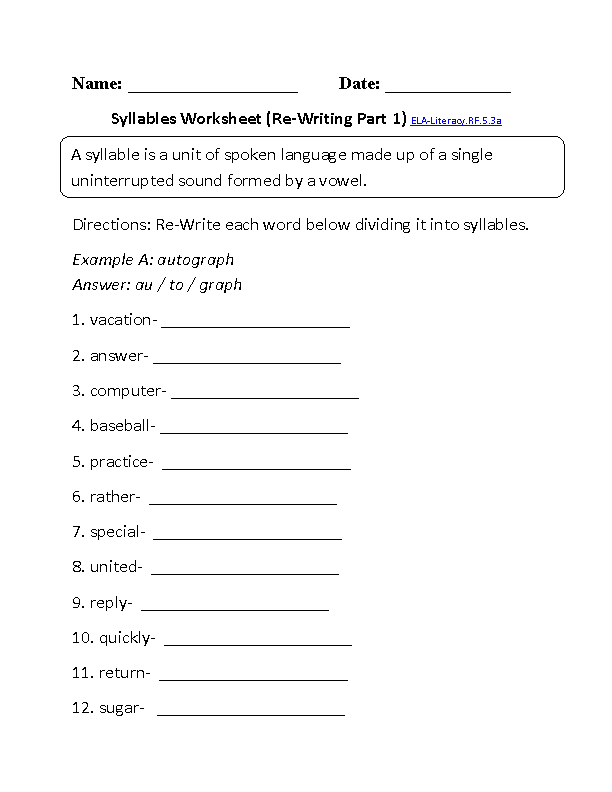 Syllables Re-Writing Worksheet ELA-Literacy.RF.5.3a Reading Foundational Skills