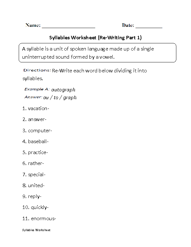 Re-Writing Syllables Worksheet Part 1