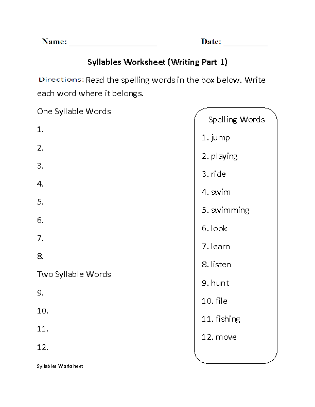 Writing Syllables Worksheet Part 1