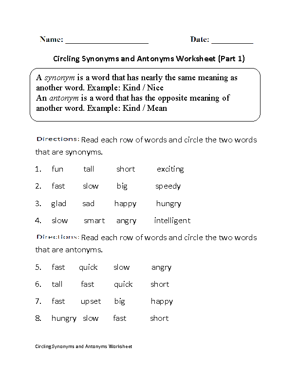 Finding Syonyms and Antonyms Worksheet