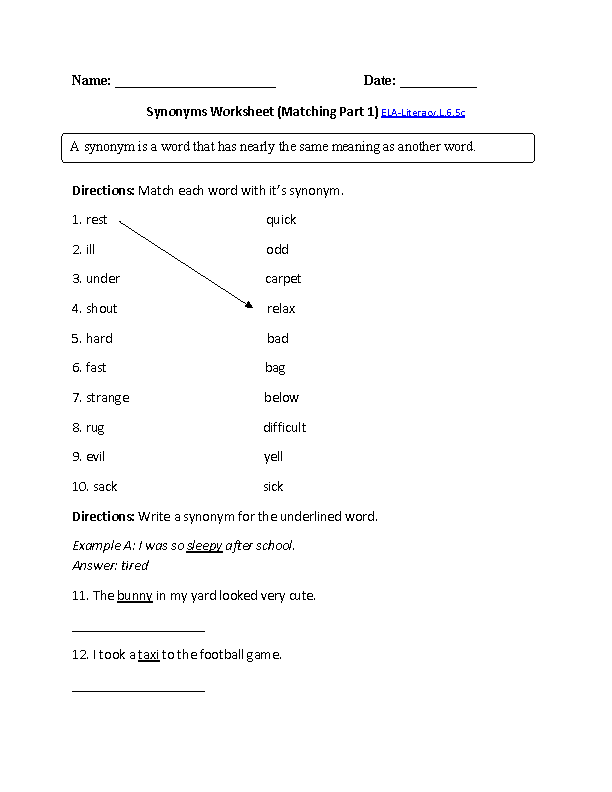 Synonyms Worksheet 2 ELA-Literacy.L.6.5c<br>Language Worksheet