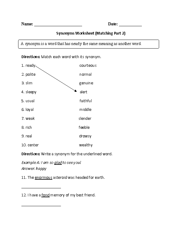 Matching Synonyms Worksheets Part 2