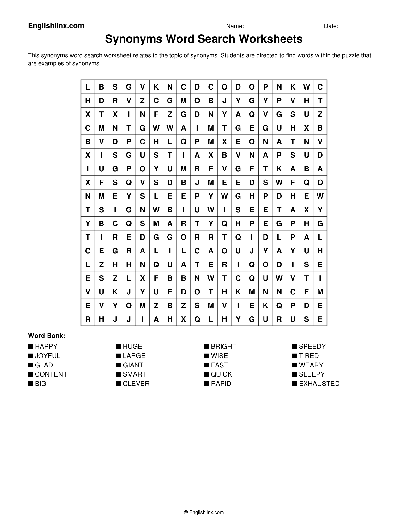 Synonyms Word Search Worksheets