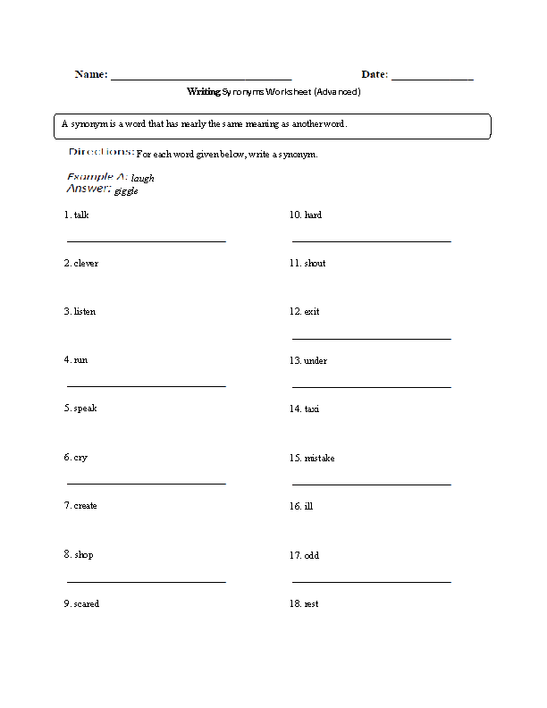 Writing with Synonyms Worksheet