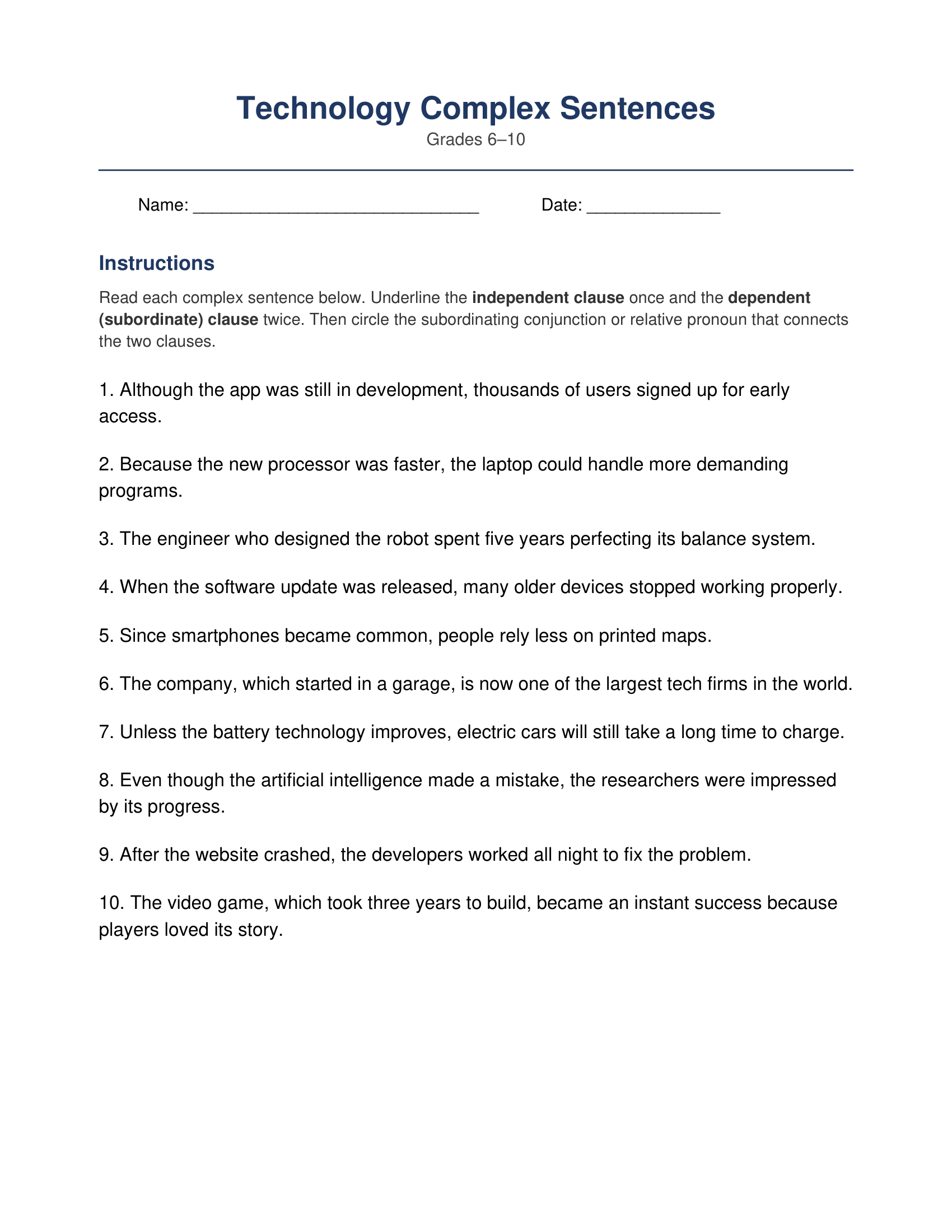 Technology Complex Sentences Worksheets