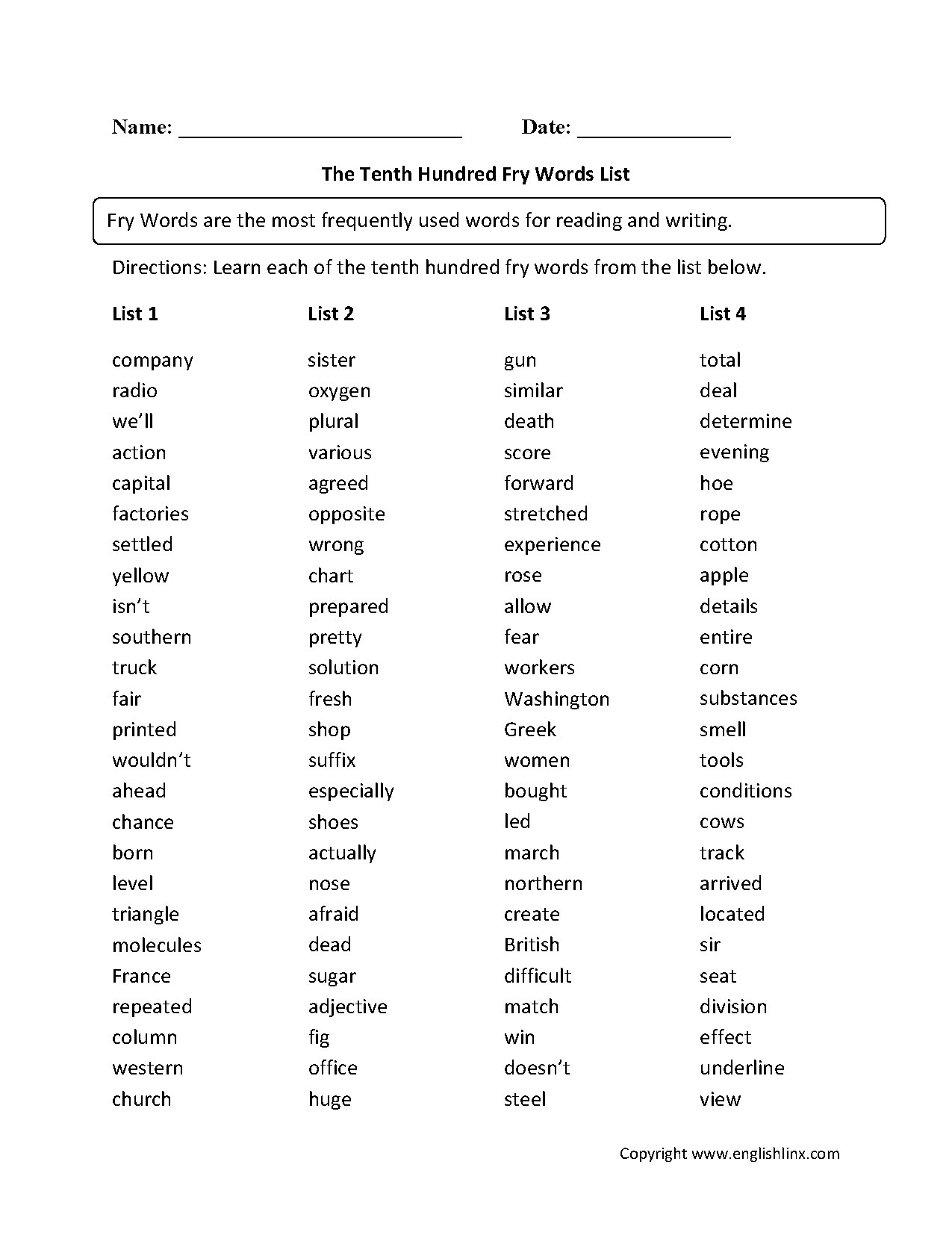 Tenth Hundred Fry Words List Worksheets