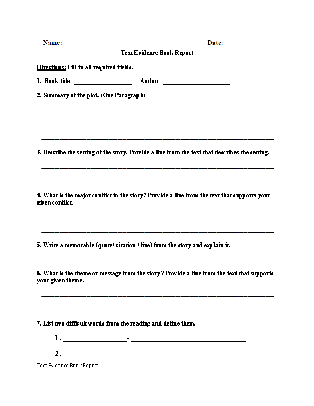Book Report Text Evidence Worksheets