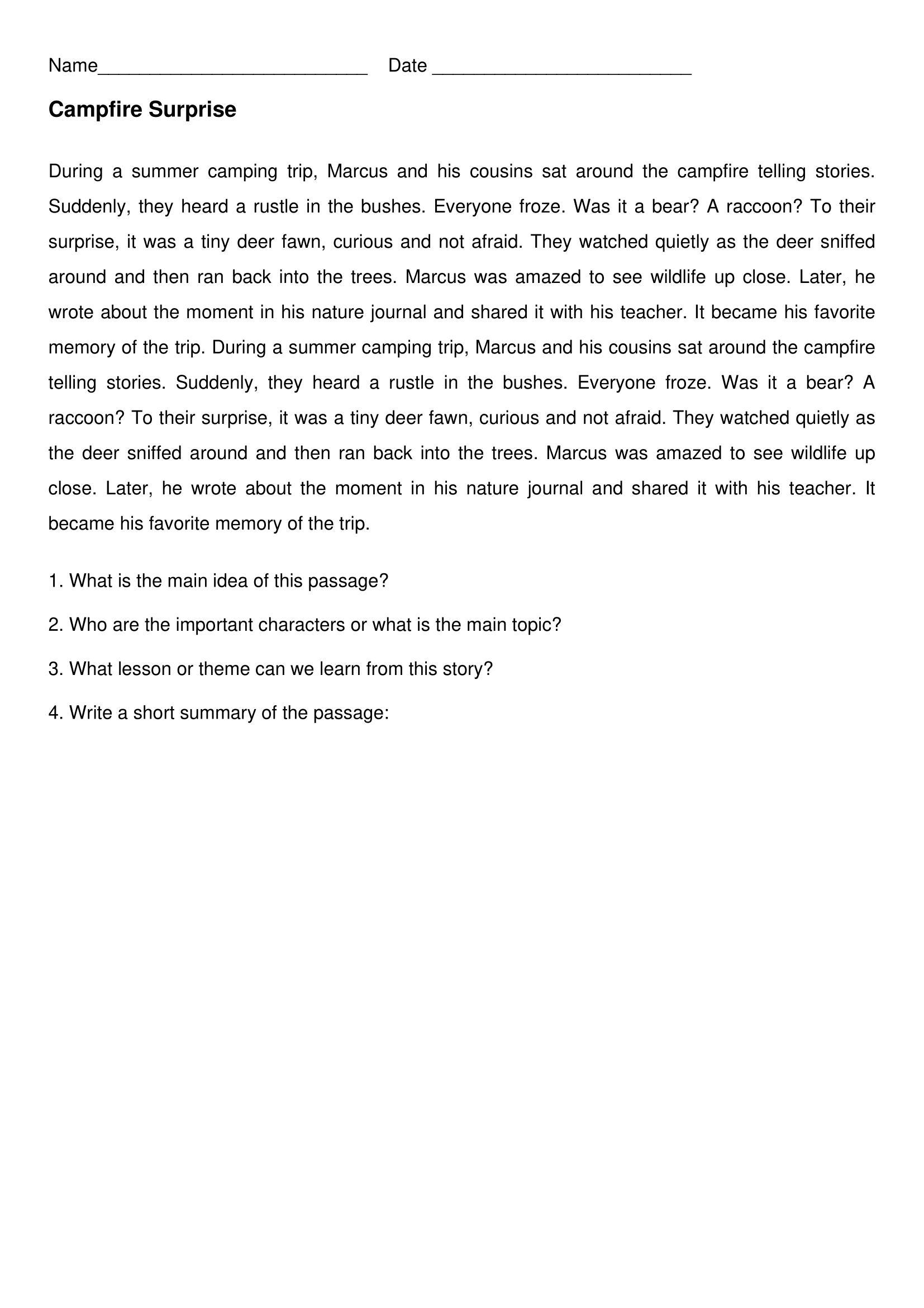 The Campfire Surprise 4th Grade Reading Comprehension Worksheets