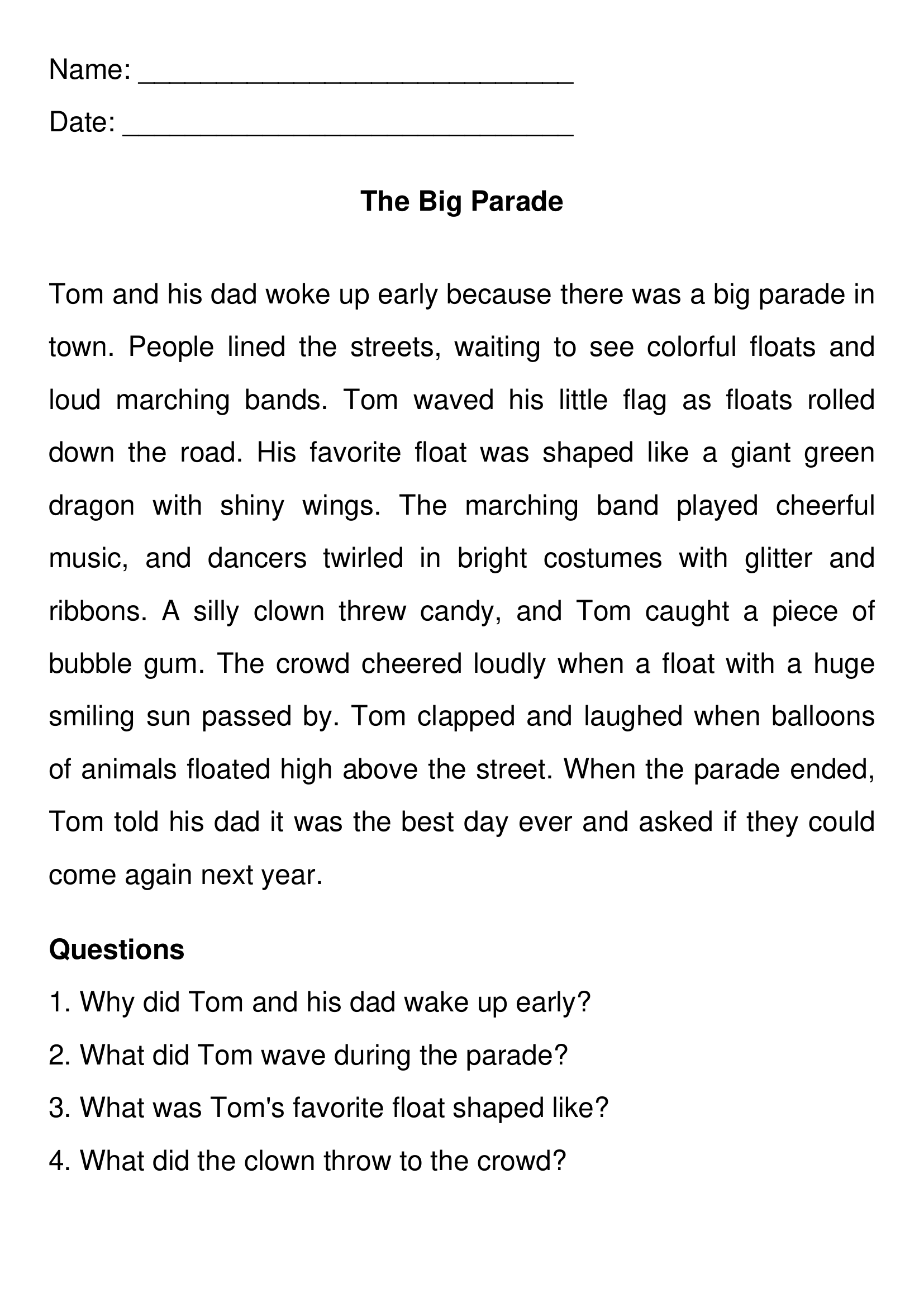 The Big Parade First Grade Reading Comprehension Worksheets