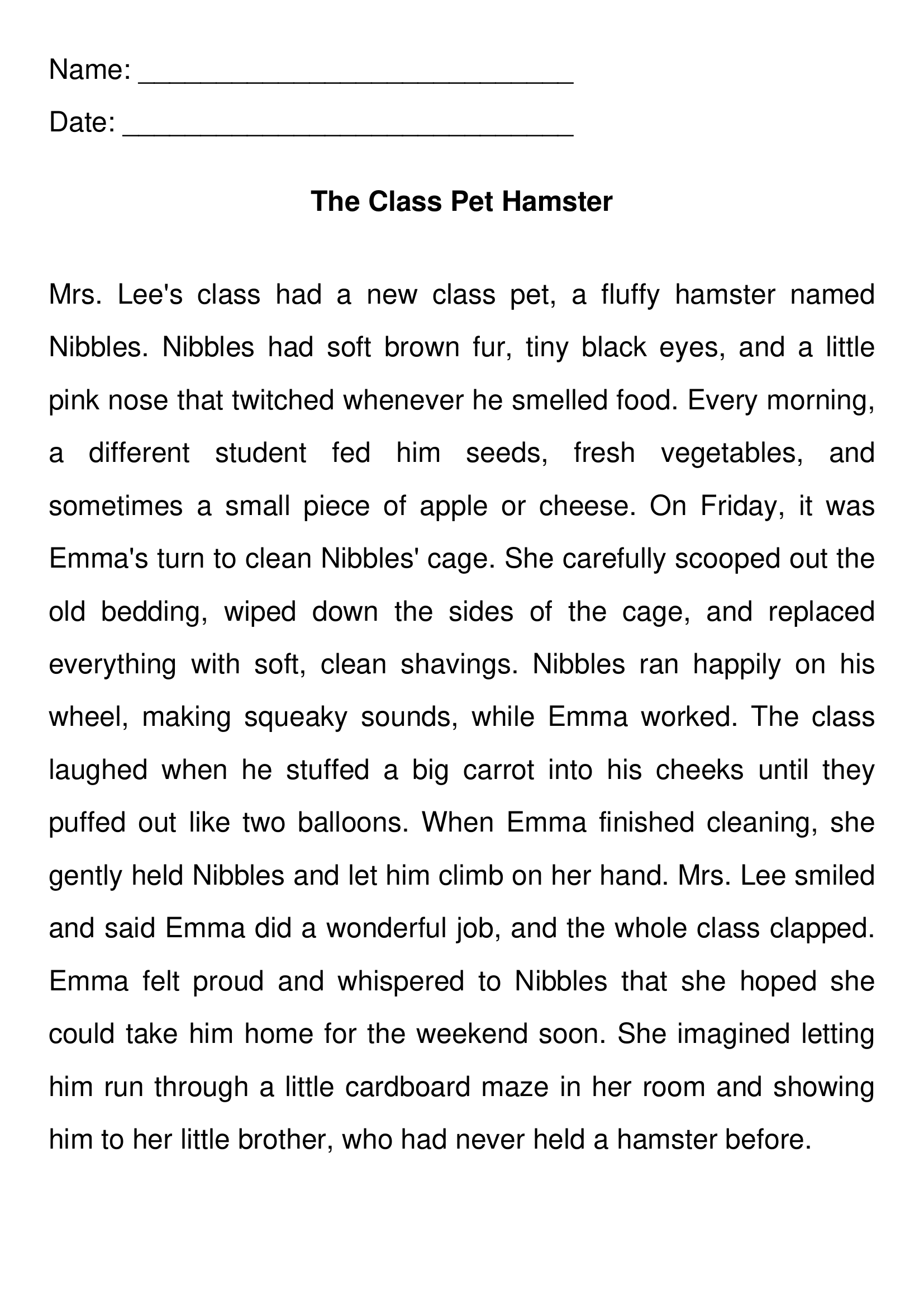 Pet Hamster 2nd Grade Reading Comprehension Worksheets