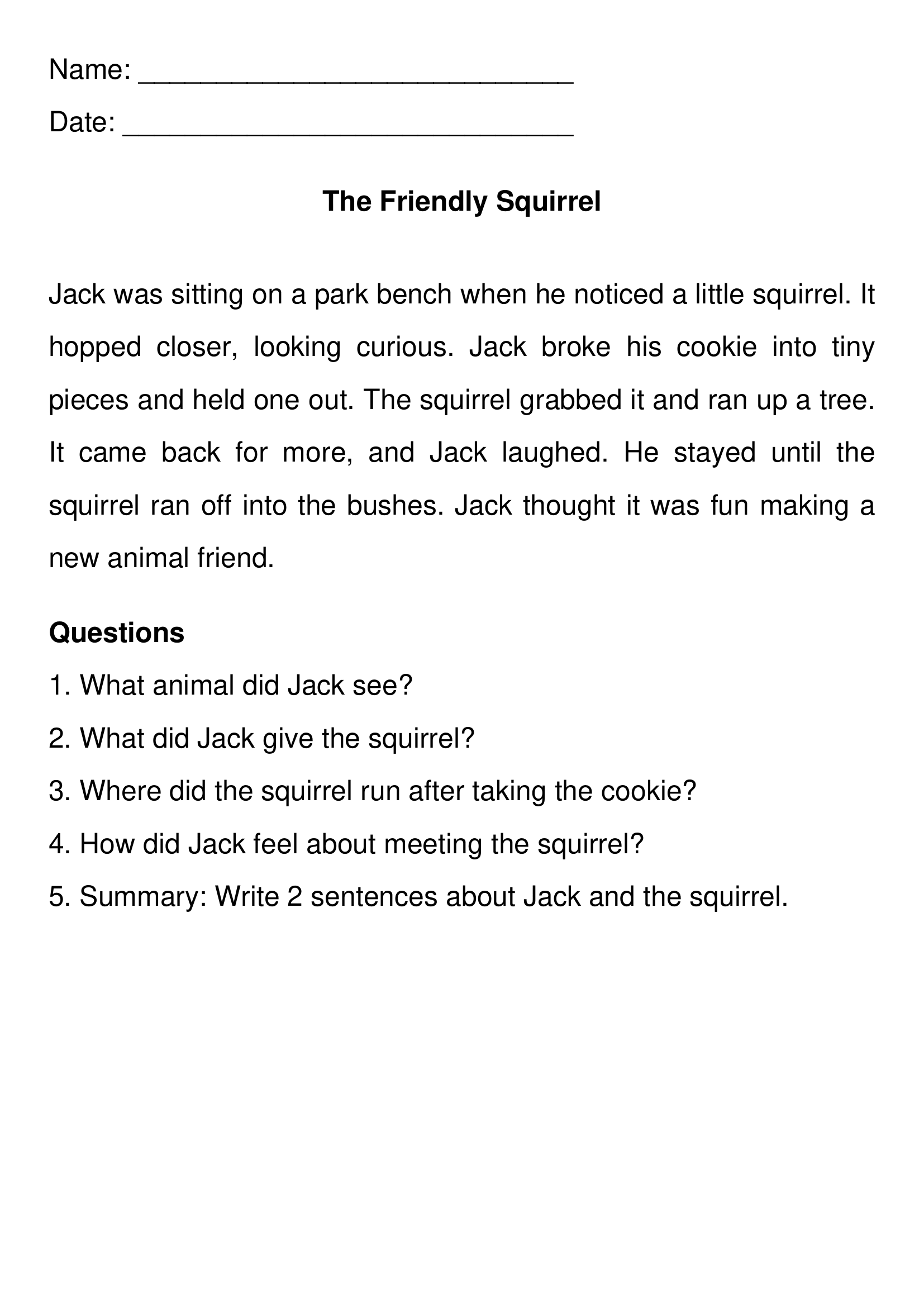 The Friendly Squirrel First Grade Reading Comprehension Worksheets