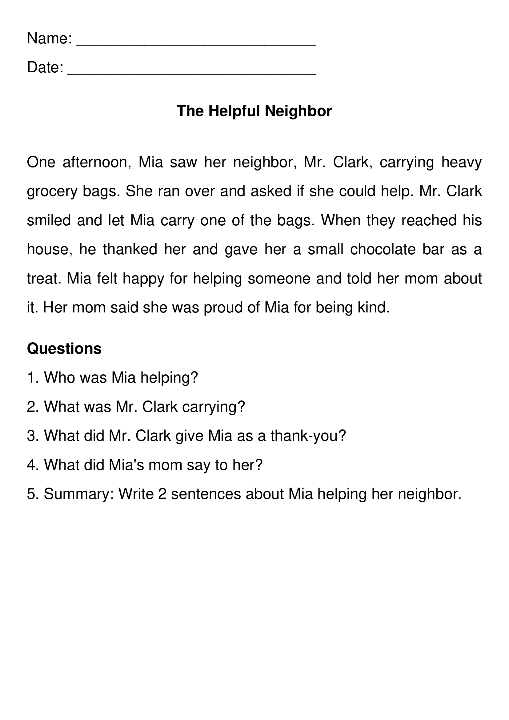 Helpful Neighbor 2nd Grade Reading Comprehension Worksheets