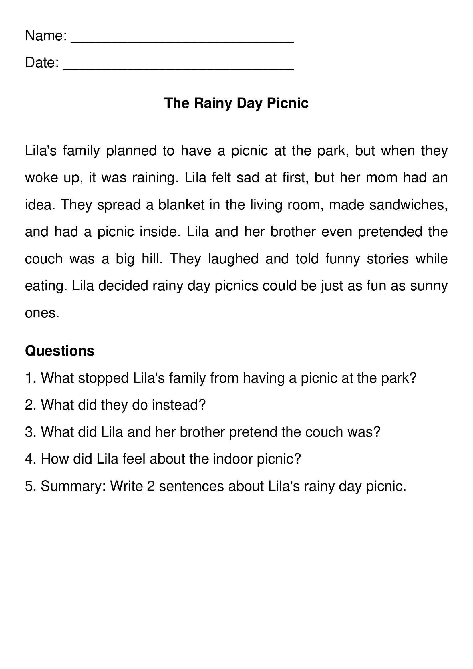 Rainy Day Picnic 2nd Grade Reading Comprehension Worksheets
