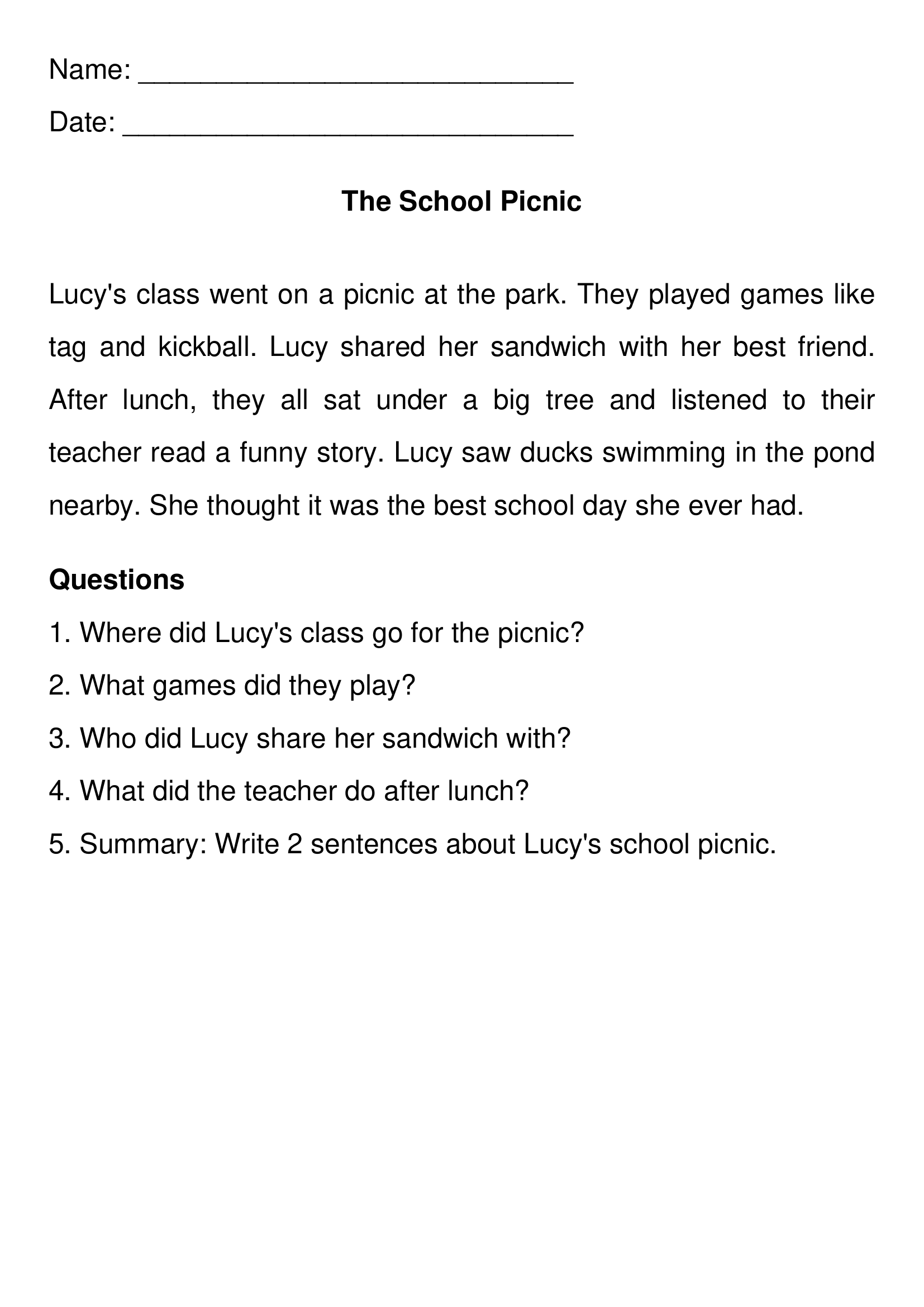 The School Picnic First Grade Reading Comprehension Worksheets