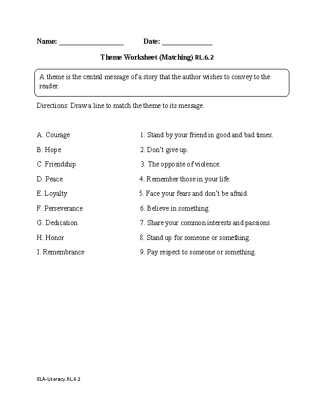 Theme Matching ELA-Literacy.RL.6.2 Reading Literature Worksheet