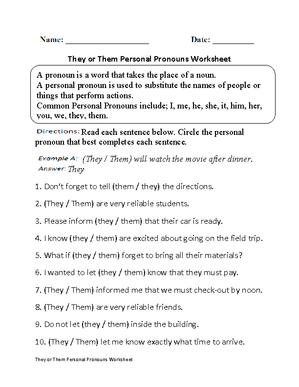 They or Them Personal Pronouns Worksheet