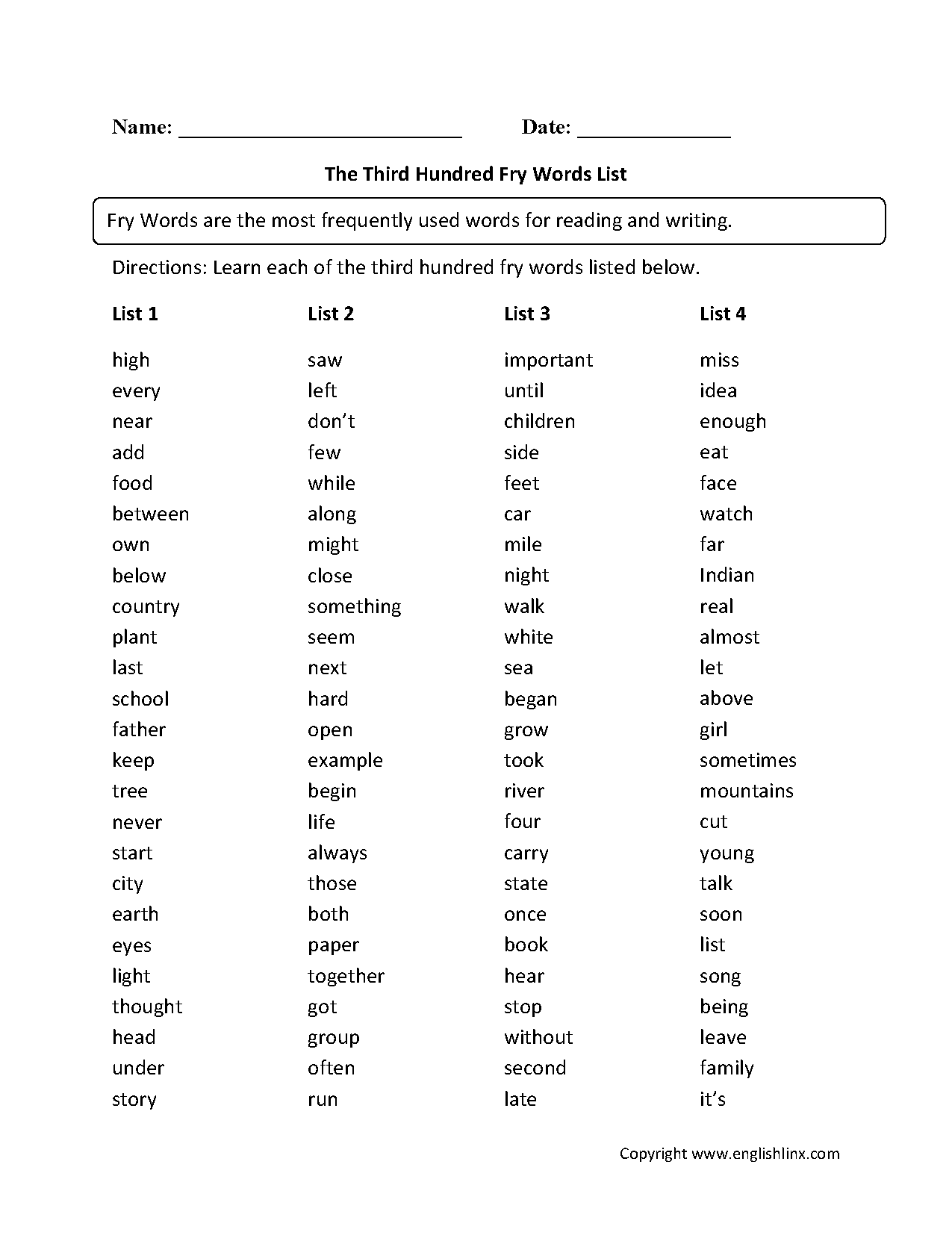 Third Hundred Fry Words List Worksheets