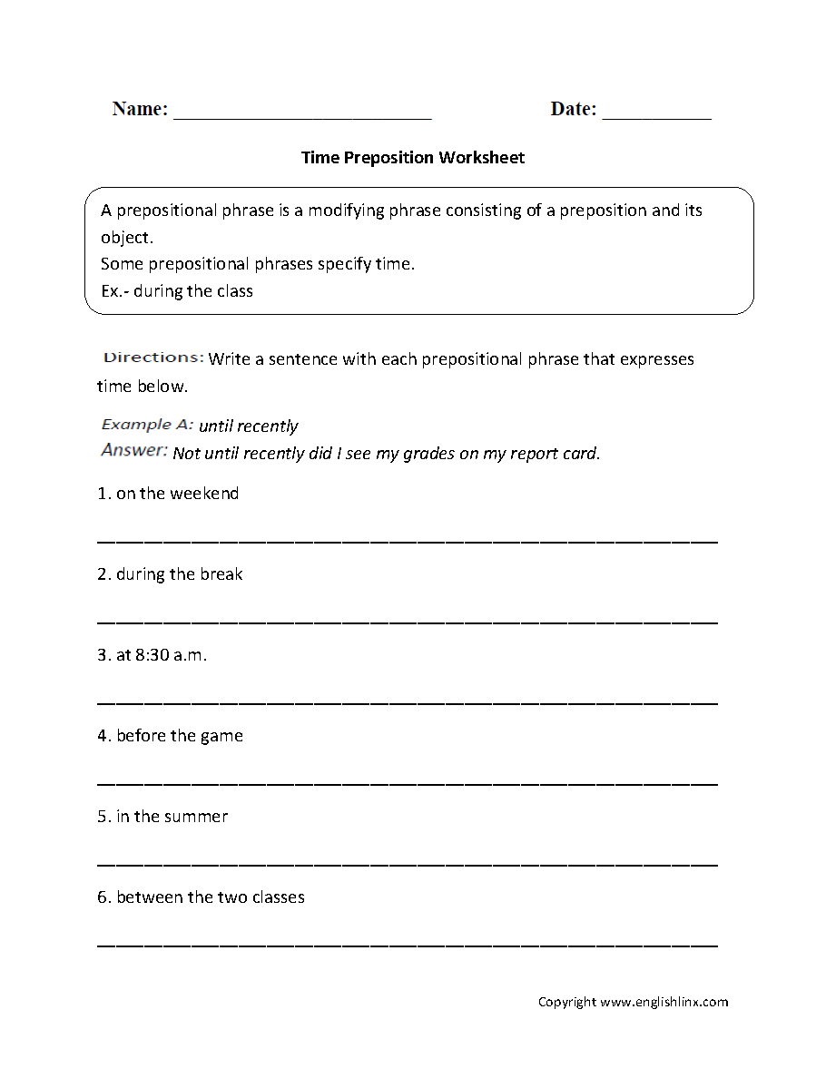 Time Preposition Worksheet