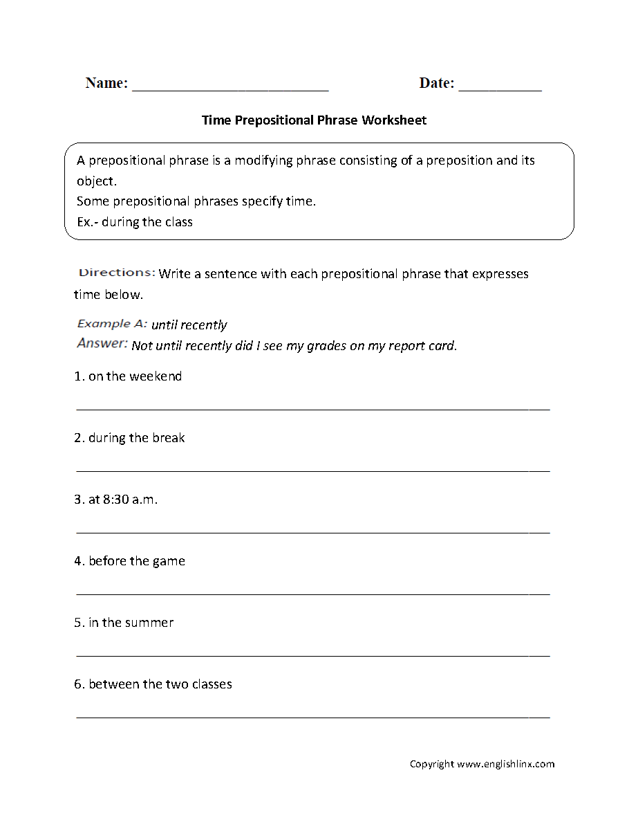 Time Prepositional Phrase Worksheet