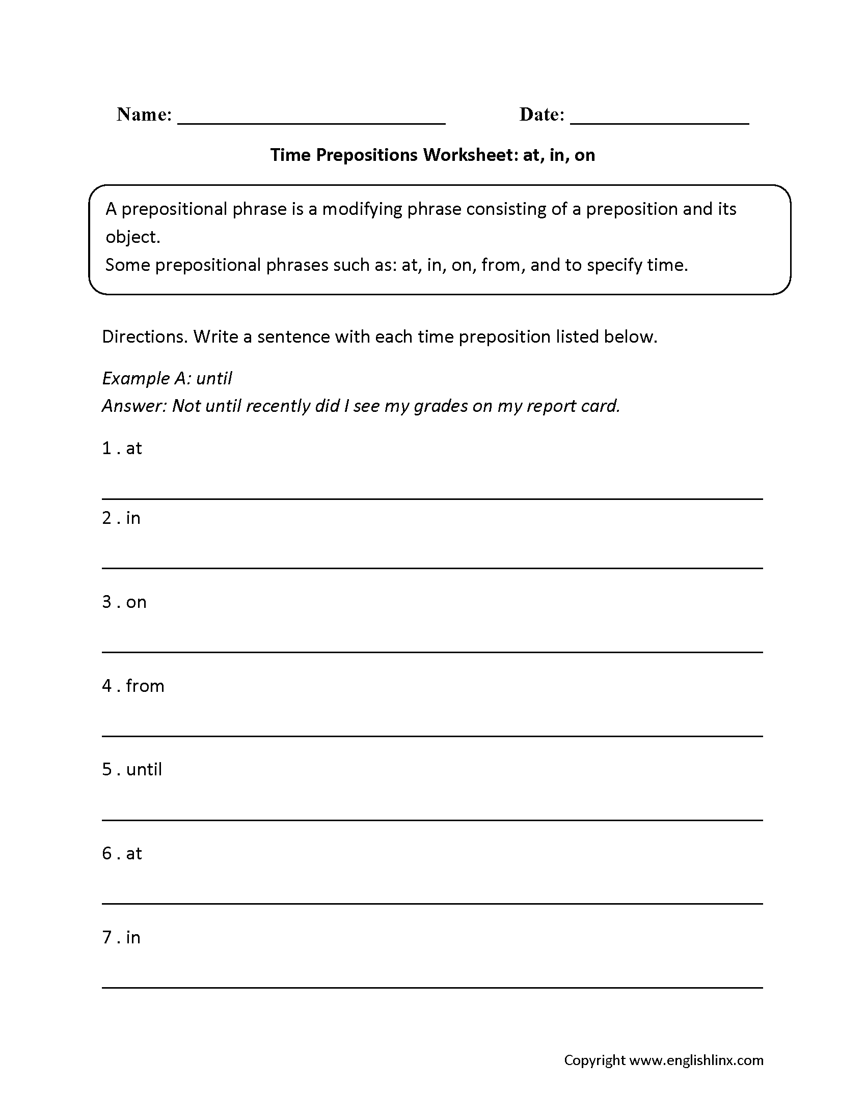 Time Prepositions Worksheet