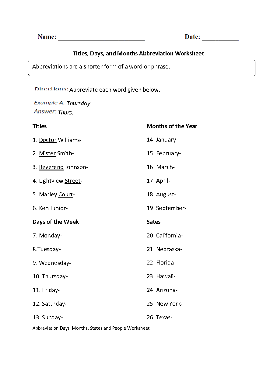 Titles, Days and Months Abbreviation Worksheets