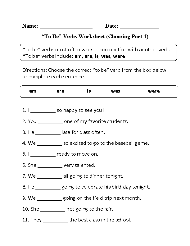 To Be Verbs Worksheets Choosing To Be Verbs Worksheet