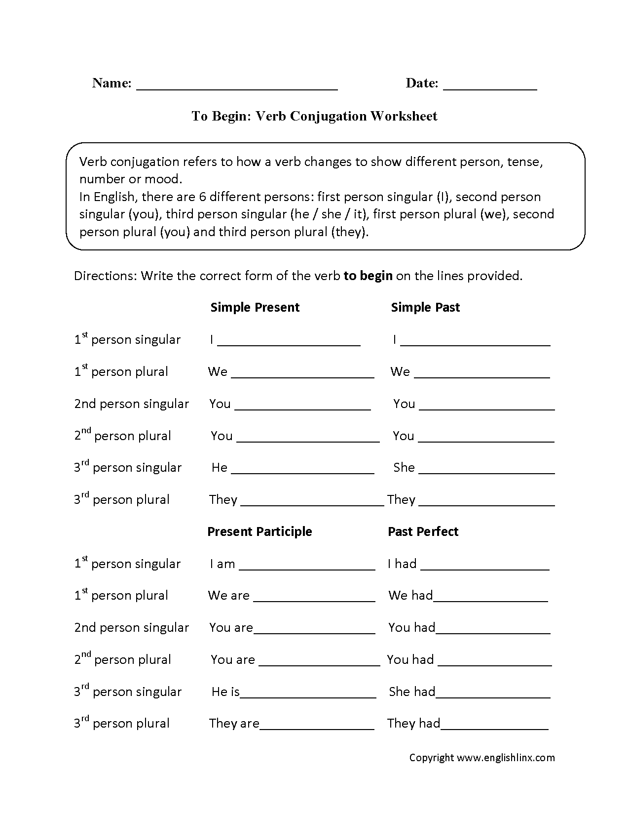 To Begin Verb Conjugation Worksheets