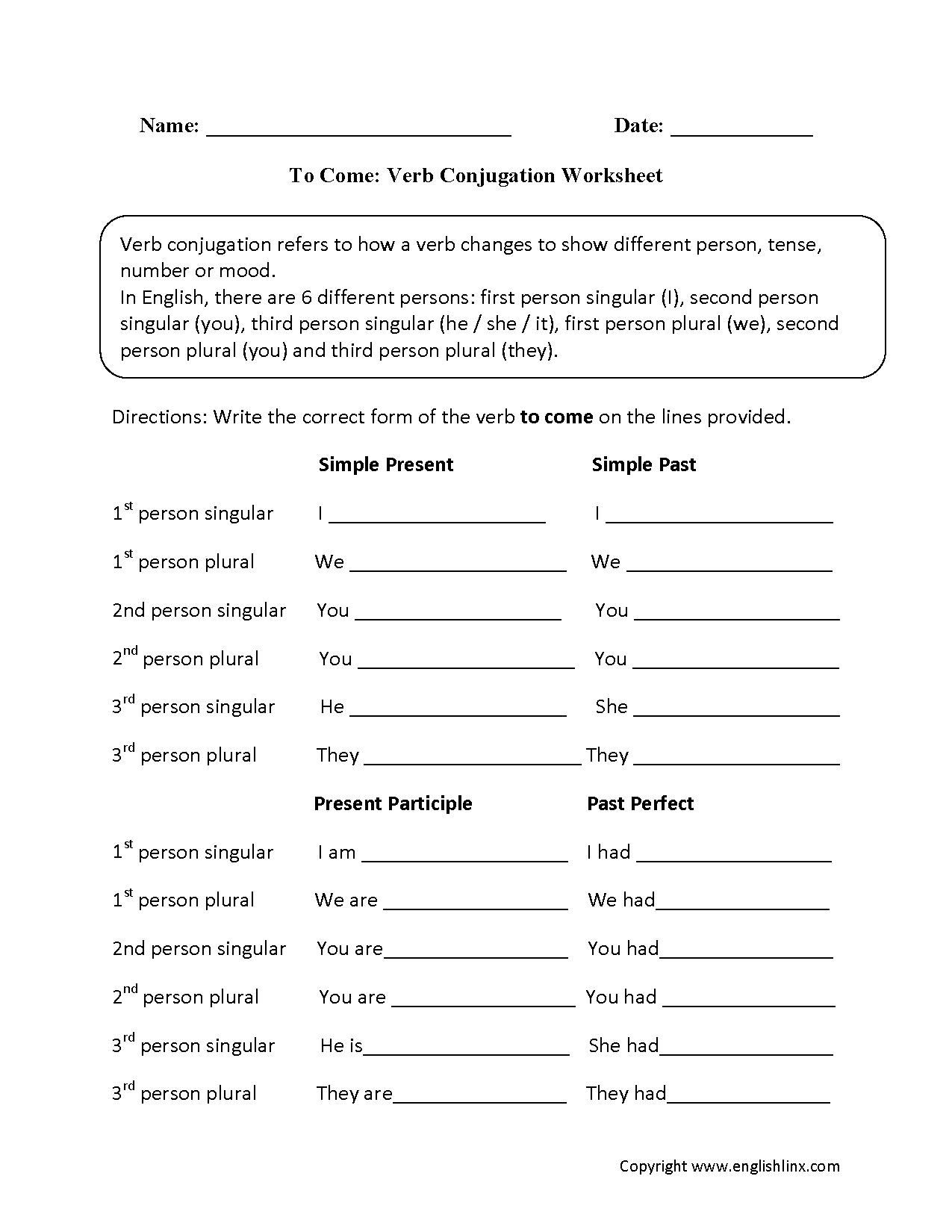 To Come Verb Conjugation Worksheets