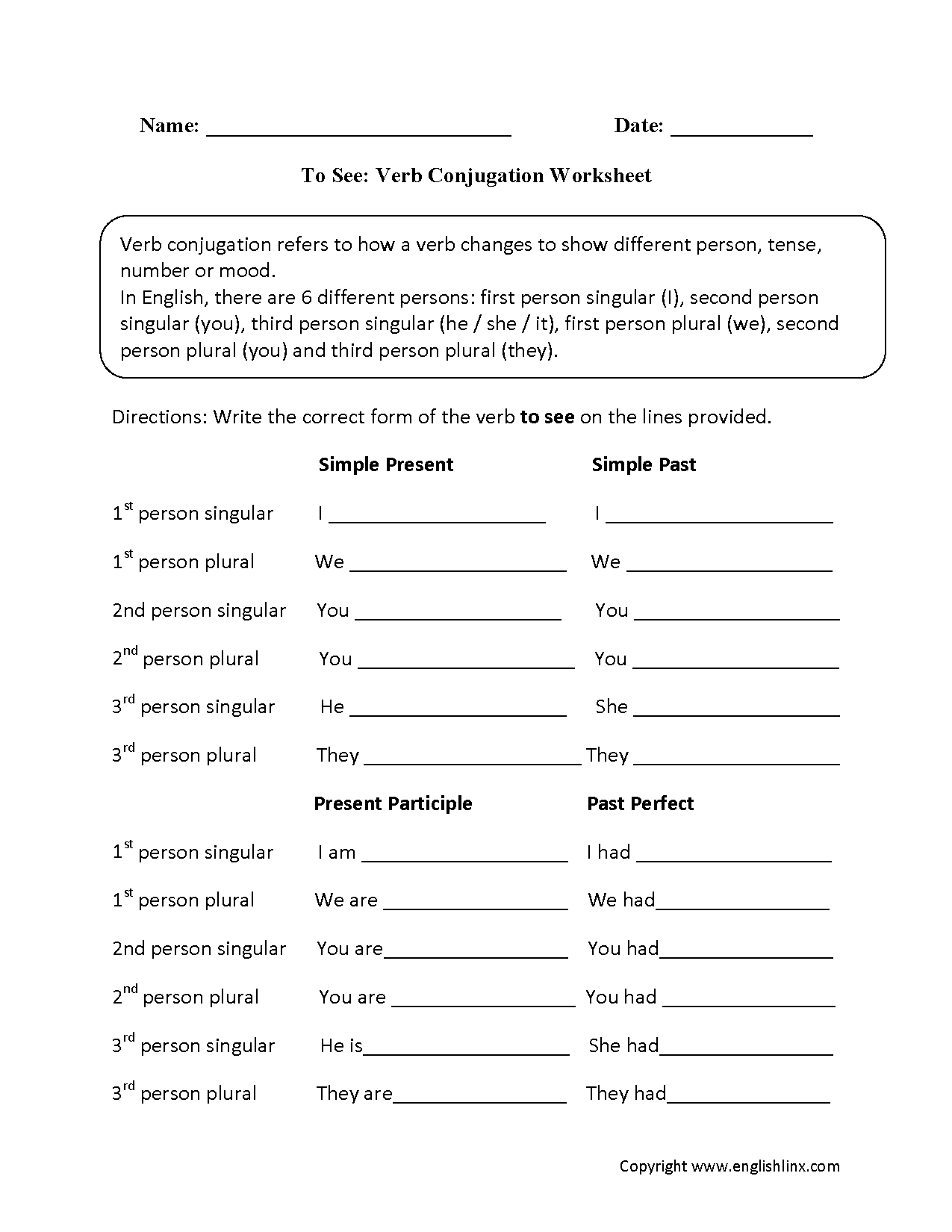 To See Verb Conjugation Worksheets