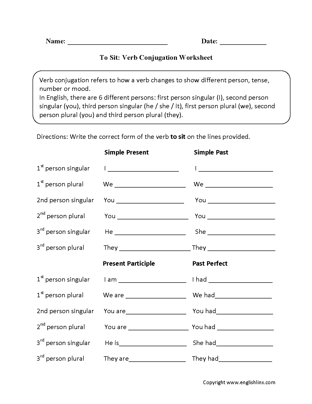 To Sit Verb Conjugation Worksheets