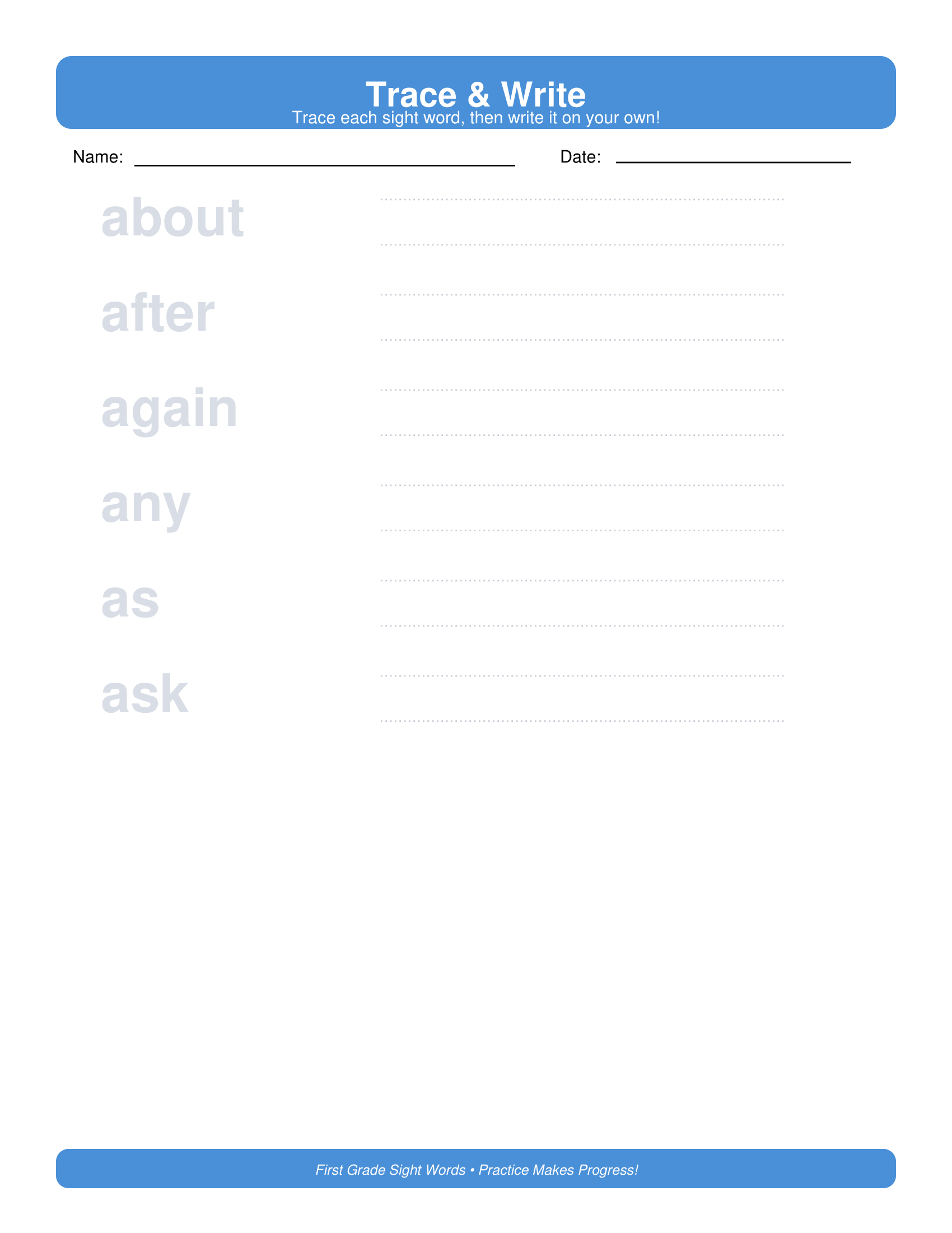 Trace and Write First Grade Sight Words Worksheets