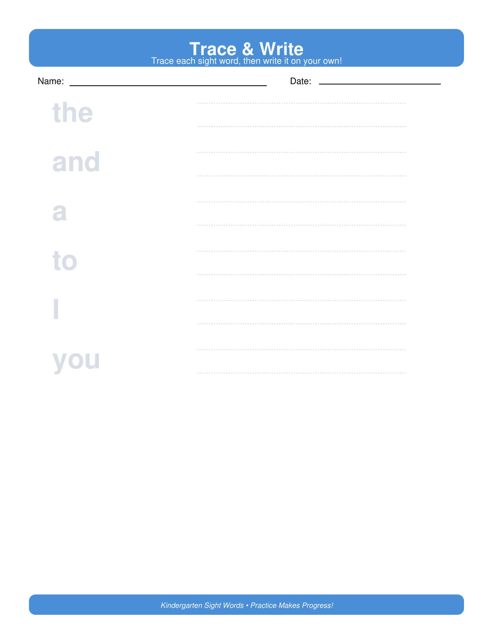 Trace and Write Kindergarten Sight Words Worksheets