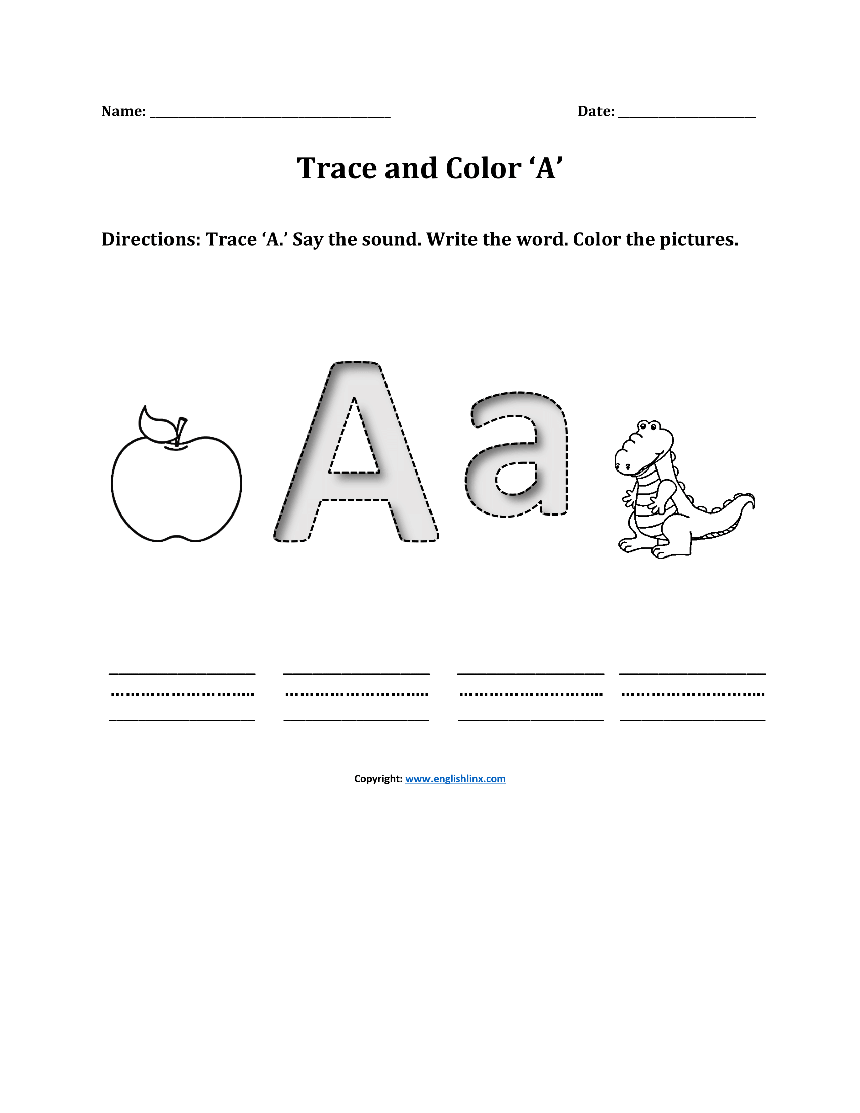 Trace and Color A Phonics Worksheets for Preschool