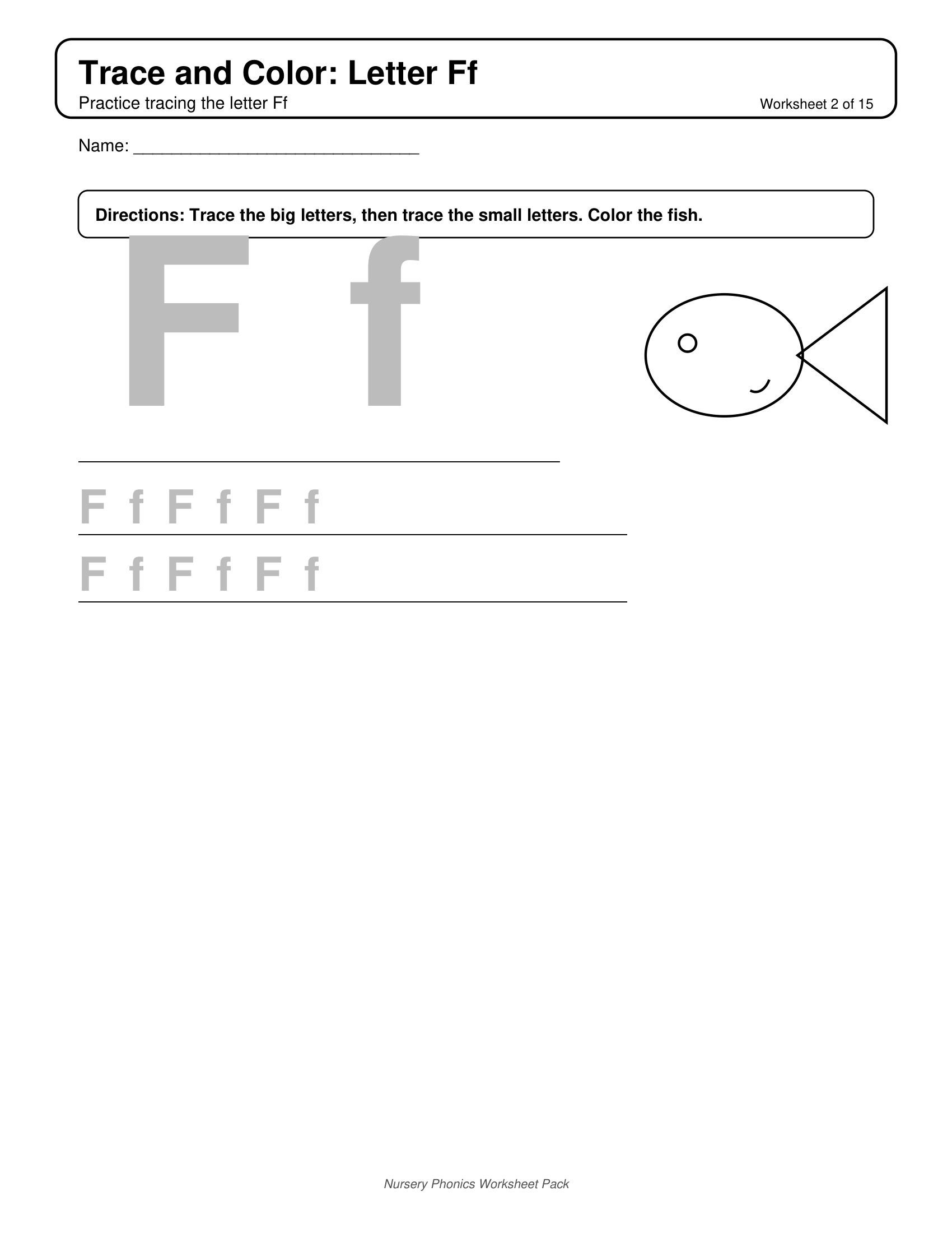 Trace and Color F Phonics Worksheets for Nursery