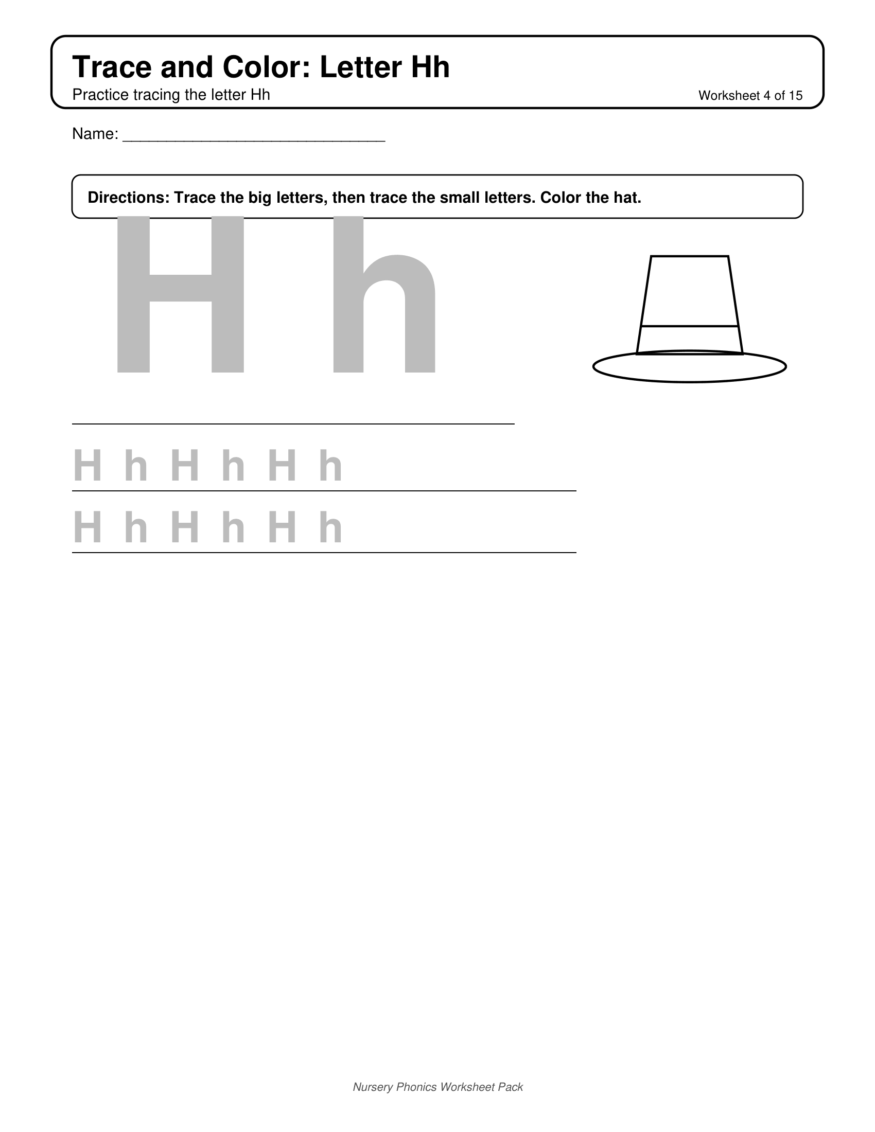 Trace and Color H Phonics Worksheets for Nursery