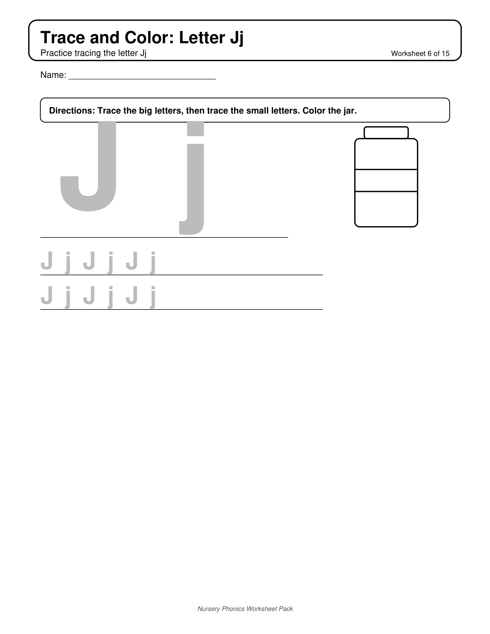 Trace and Color J Phonics Worksheets for Nursery