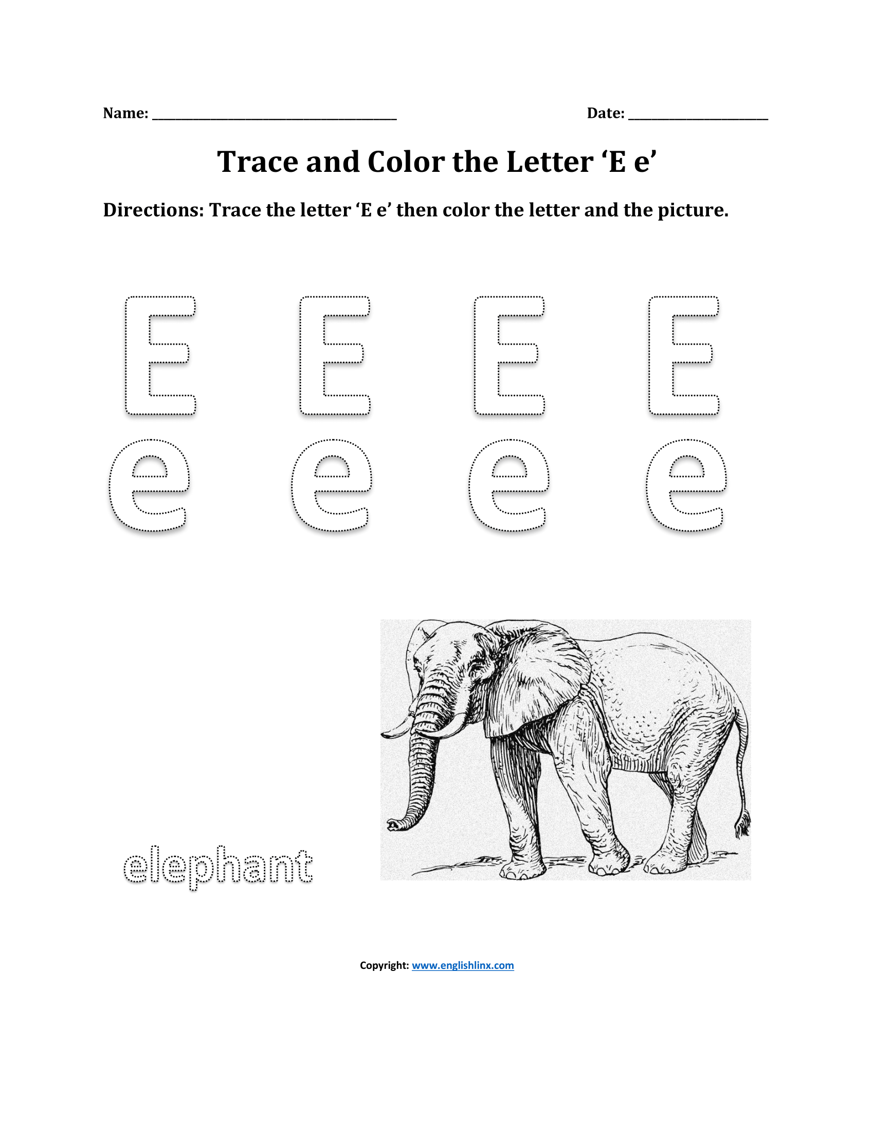 Trace and Color Letter E Phonics Worksheets for Nursery